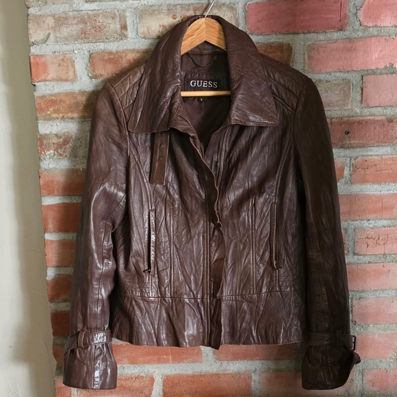Guess Leather Jacket, Very Soft, Brown, Front Zip, Size Large - Picture 3 of 8